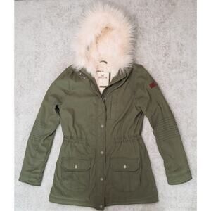 Hollister Faux Fur Lined Olive Green Jacket Parka Hooded Pink Fur Womens Size L